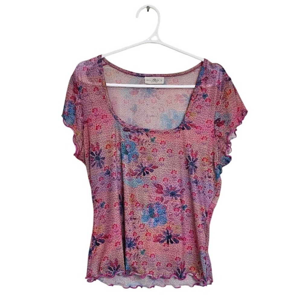 Natural Life Pink Floral Sheer Mesh Lettuce Edge Scoop Neck Top Large